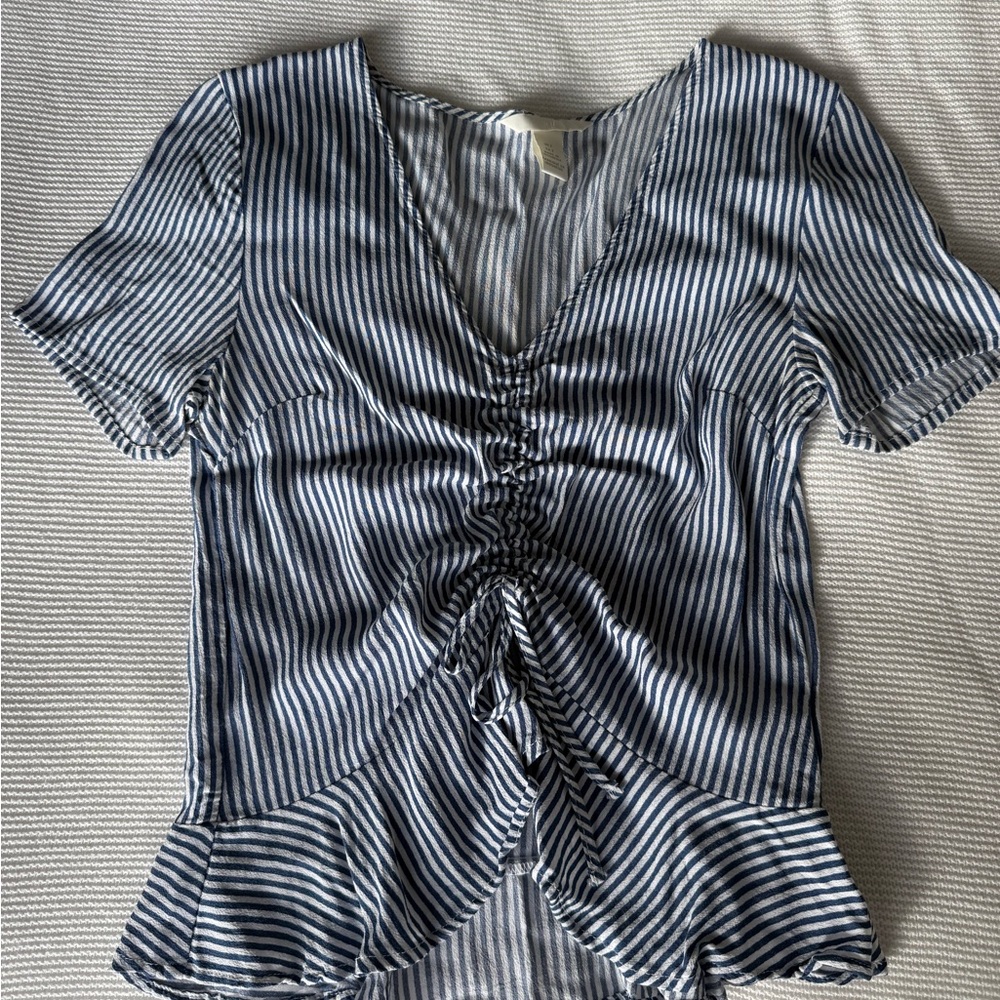 H&M Blue and White Striped Ruched Blouse